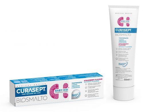 Дитяча зубна паста CURASEPT BIOSMALTO проти карієсу, ерозії та стирання, від 6 місяців до 6 років, полуниця, без фтору, 50мл Дитяча зубна паста CURASEPT BIOSMALTO проти карієсу, ерозії та стирання, від 6 місяців до 6 років, полуниця, без фтору, 50мл
