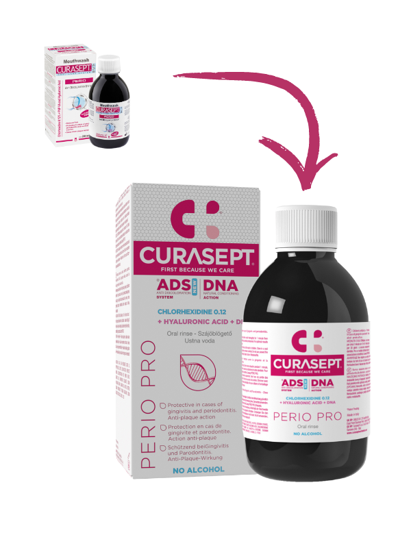 Ополіскувач CURASEPT ADS PERIO PRO 0,12% СНХ, лікування ясен, зменшує біль, з гіалуроновою кислотою та ДНК, 200мл