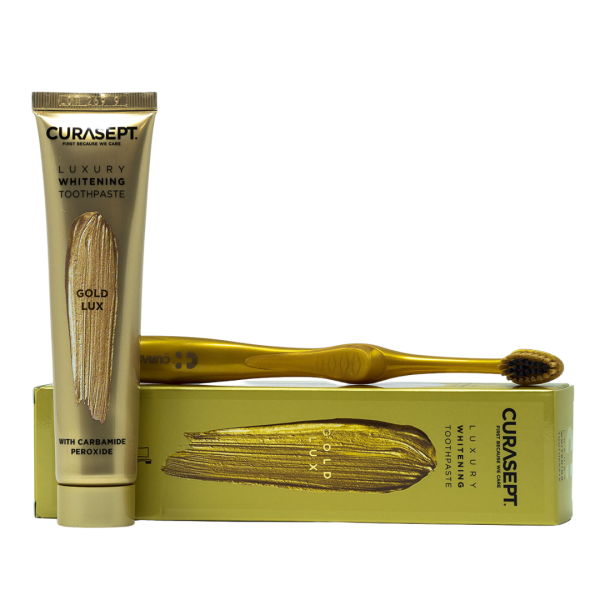 Зубна паста CURASEPT LUXURY WHITENING GOLD, відбілююча, 75 мл + зубна щітка, косметичка Зубна паста CURASEPT LUXURY WHITENING GOLD, відбілююча, 75 мл + зубна щітка, косметичка