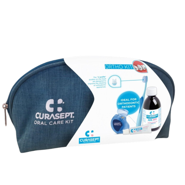 Набір CURASEPT ортодонтичний.  Ополіскувач 200 мл 0,05% CHX, зубна паста 5 мл, зубна щітка та 2-х секційна нитка