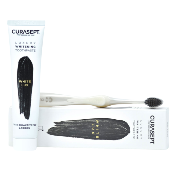 Зубна паста CURASEPT LUXURY WHITENING WHITE, відбілююча, ремінералізуюча  з перекисом карбаміду, 75 мл+зубна щітка