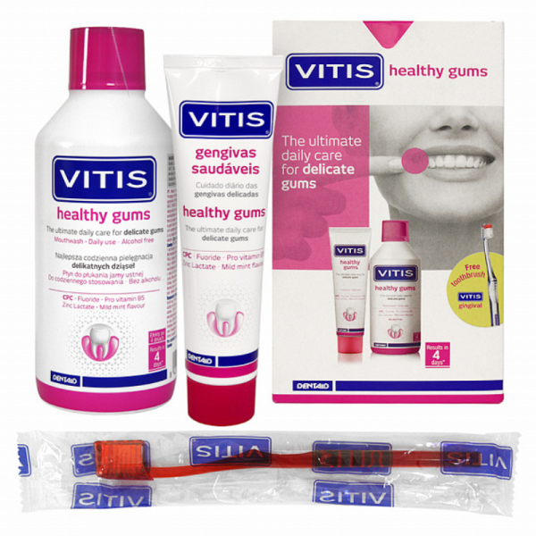 Набір для ясен VITIS HEALTHY GUMS ополіскувач 500 мл, зубна паста 100 мл, зубна щітка