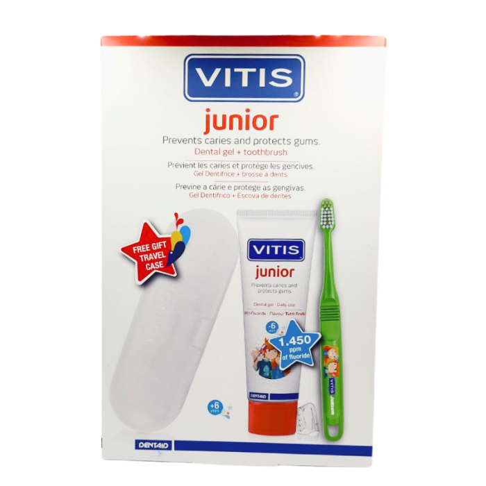 Набір дитячий VITIS JUNIOR, гель-паста, зубна щітка + контейнер для подорожей, від 6 років, фруктовий смак, 75 мл
