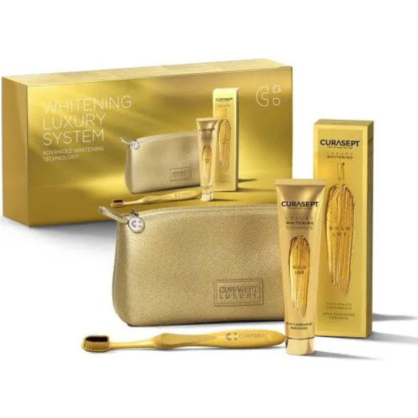 Зубна паста CURASEPT LUXURY WHITENING GOLD, відбілююча, 75 мл + зубна щітка, косметичка