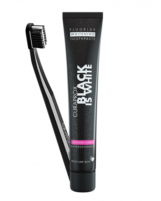 Набір Curaprox відбілююча зубна паста Black is White, 90ml + зубна щітка Ultra Soft, ультра м'яка CS 5100 Набір Curaprox відбілююча зубна паста Black is White, 90ml + зубна щітка Ultra Soft, ультра м'яка CS 5100